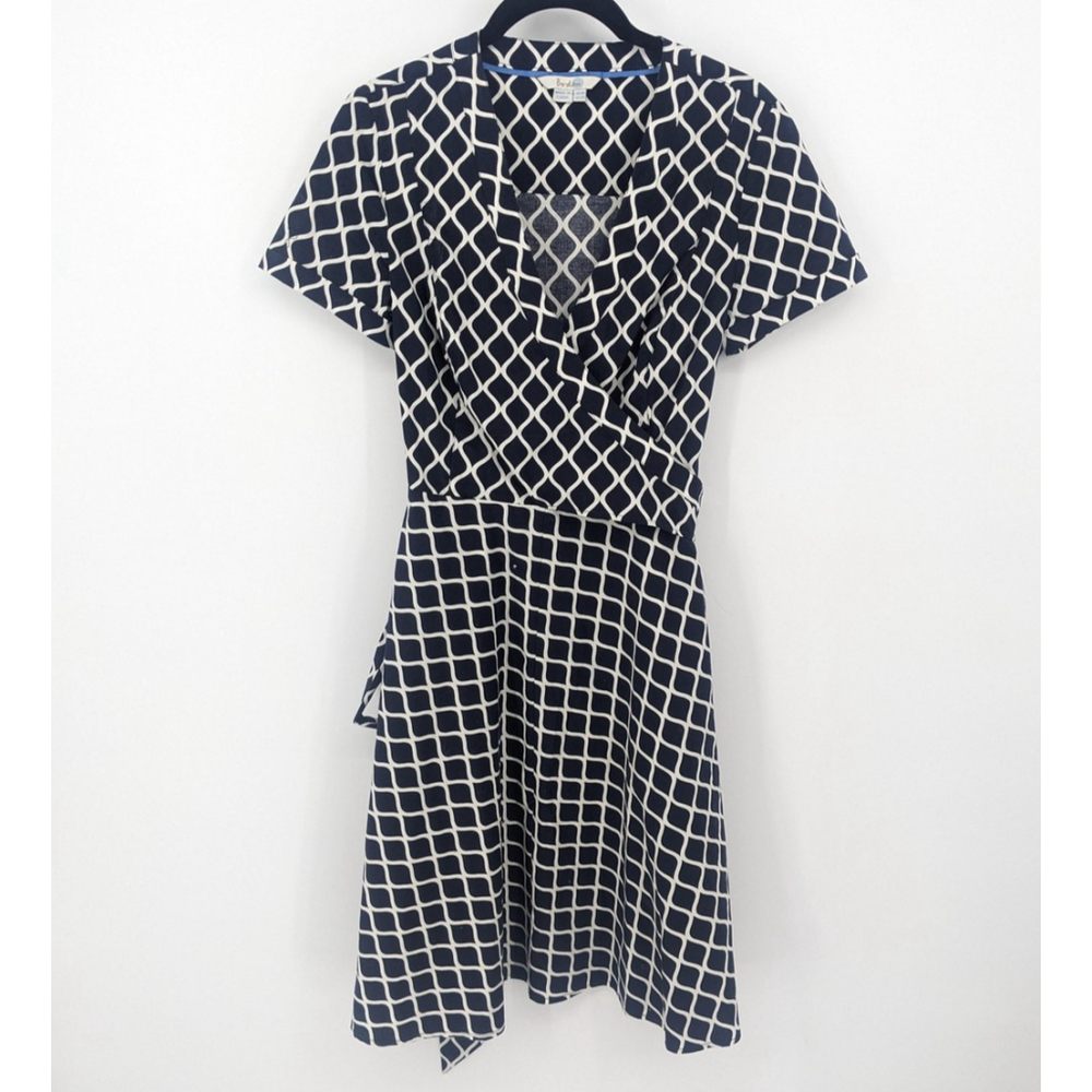Boden Dress Women 4R Navy Blue Wrap Geometric Short Sleeve Stretch V Neck Office